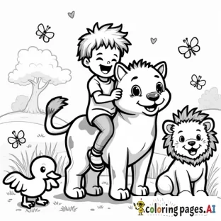 a cheerful young boy riding a friendly cat, surrounded by smiling animals. Nearby, a happy cow, a duck, a lion, a tiger cub, and several butterflies are all laughing and enjoying the moment. The background includes a peaceful, grassy field with a few trees in the distance. All characters have joyful expressions, creating a playful and heartwarming scene perfect for coloring, with simple and clear outlines.