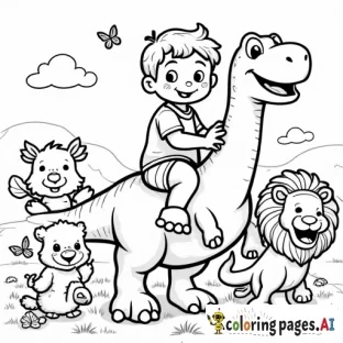 a cheerful young boy riding a friendly dinosaur, surrounded by smiling animals. Nearby, a happy cow, a duck, a lion, a tiger cub, and several butterflies are all laughing and enjoying the moment. The background includes a peaceful, grassy field with a few trees in the distance. All characters have joyful expressions, creating a playful and heartwarming scene perfect for coloring, with simple and clear outlines.