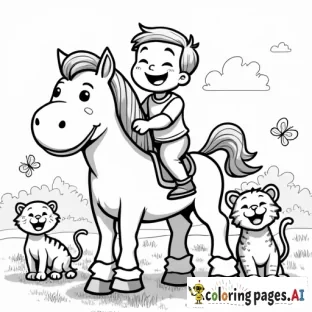 a cheerful young boy riding a friendly horse, surrounded by smiling cats. Nearby, a happy cat, a baby duck, a baby lion, a tiger cub, and several butterflies are all laughing and enjoying the moment. The background includes a peaceful, grassy field with a few trees in the distance. All characters have joyful expressions, creating a playful and heartwarming scene perfect for coloring, with simple and clear outlines.