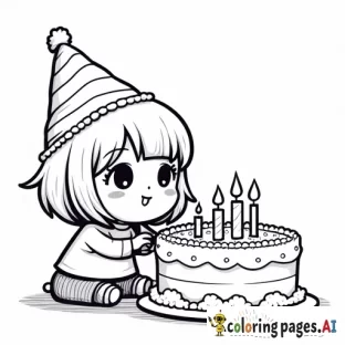 a chibi blowing out birthday candles on a decorated cake