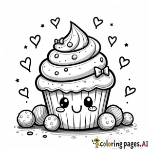 A chibi cupcake with a happy face, swirls of frosting with bows and sprinkles, surrounded by floating candy, stars, and kawaii doodle hearts.