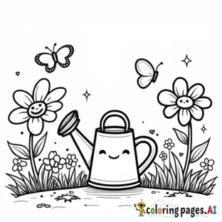 A chibi garden scene with a smiling watering can, cheerful flowers with cute faces, fluttering butterflies, and playful vines curling in soft patterns.