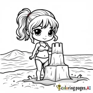 a chibi girl wearing a bikini building a sand castle on a beach