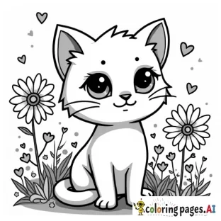 A chibi-style cat with big sparkling eyes, surrounded by oversized, whimsical flowers and tiny floating hearts and stars.andle.