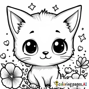 A chibi-style cat with big sparkling eyes, surrounded by oversized, whimsical flowers and tiny floating hearts and stars.andle.