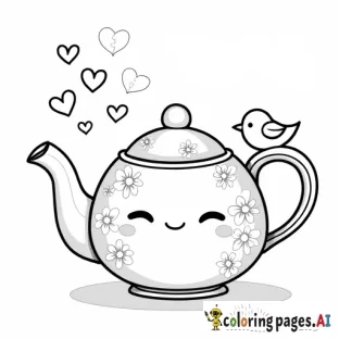 A chibi teapot with a smiling face, decorated with pastel floral patterns, with a chubby bird perched on the spout and steam forming cute shapes like hearts and bows.