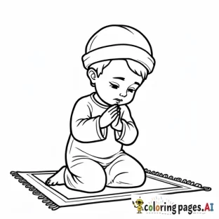 A child praying salah with a prayer mat. - Free Printable Coloring Page