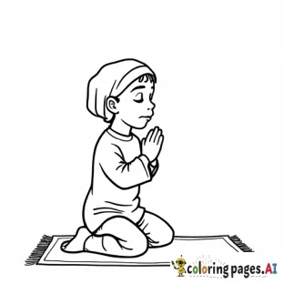 A child praying salah with a prayer mat. - Free Printable Coloring Page