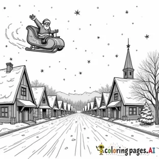 a christmas town with Spiderman and Santa flying above in Santa's sleigh