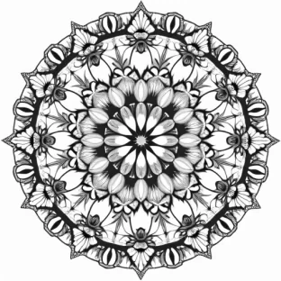 "A circular mandala filled with a variety of wildflowers, each bloom delicately outlined and surrounded by lace-like patterns. The petals of the flowers are fine and detailed, with small accents of tiny leaves and seeds scattered within the mandala. The outer ring of the design features intricate lace elements, creating a balanced and calming design perfect for adult coloring, with soft flowing lines and a clean structure."
