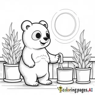 A coco wyo inspired coloring page A panda watering balcony plants during sunset