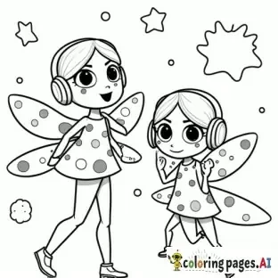 A coco wyo inspired coloring page with the two ladybug characters, flying through the night shy. One should be listening to music using a walkman and headphones