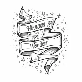 A color book image ribbon with the words Happy New Year written on it. On a solid white background.