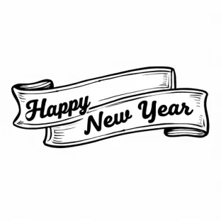 A color book image ribbon with the words Happy New Year written on it.  On a solid white background.
