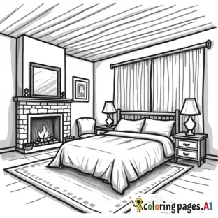 A coloring book page featuring cozy bedroom with fire place and inviting comfy bed. Detailed betroom for coloring, black background crisp white fill.