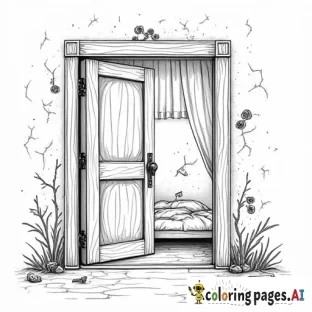 A  coloring page design with the Verse: "As a door turns on its hinges, so does a sluggard on his bed."  Design Concept:  Typography:  "As a door turns on its hinges" is styled in graceful, looping cursive. The flowing letters mimic the arc of a turning door, creating a sense of circular motion. Around the words, faint outlines of an ornate door hinge provide a subtle decorative element, reinforcing the verse's imagery. "so does a sluggard on his bed" is written in bold, rigid, uppercase lettering, with slight cracks and cobwebs drawn across the letters to symbolize stagnation and decay from inactivity. Central Illustration:  A half-open door takes center stage, illustrated with intricate wood patterns and sturdy hinges, swinging outward to reveal light and opportunity beyond. Behind the door, a faint silhouette of a bed appears. The bed is simple but unkempt, with loose blankets draped over it, symbolizing the idleness described in the verse. Surrounding Elements:  Top Border: A decorative arch of turning gears and leaves frames the top of the design, symbolizing motion, growth, and the need for action. Bottom Border: A series of cobblestones forming a path lead outward from the door, suggesting a way forward when one chooses diligence over laziness. Encouraging Details:  Subtle rays of light emerge from behind the door, reinforcing the call to step into a new day with purpose. The hinges of the door are adorned with tiny symbols of movement, such as arrows or flowing swirls, subtly encouraging forward action.