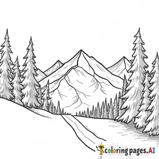 a coloring page featuring Snow-capped mountains with a ski lift or snowboarders.