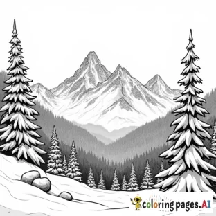 a coloring page featuring snow clad mountains and coniferous trees