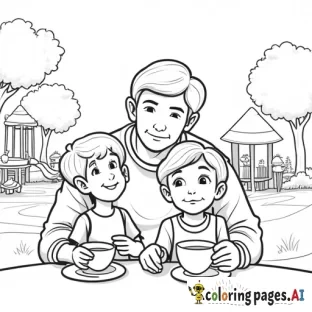 A coloring page illustration of a 4-year-old boy and a 6-year-old curly-haired girl eating ice cream with their father at a tea garden that has a children's playground area in the background.