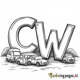 a coloring page in classic styel with the initials "CW" the focus with kids blocks and cars around the letters