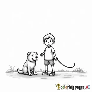 A coloring page with a boy, a leash and a dog