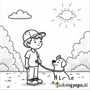 A coloring page with a boy, a leash and a dog in an outdoor setting with trees in the background and sun and clouds in the sky