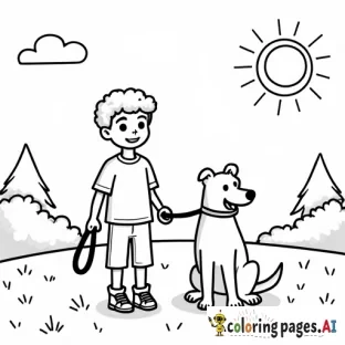 A coloring page with a boy holding a leash with a dog by his side in an outdoor setting with trees in the background and sun and clouds in the sky