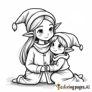A coloring page with my daughter and the elf