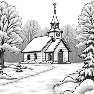 A country church in a snowy forest scene