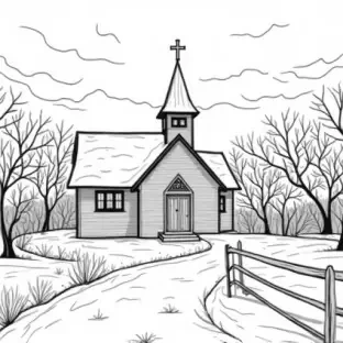 A country church in a snowy scene
