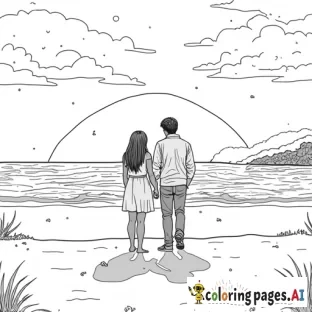 a couple on a beach with a sunset and its snowing and theyre shadows
