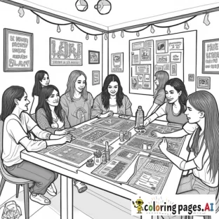 A cozy and vibrant indoor setting featuring a group of people gathered around tables filled with craft supplies—corkboards, colorful papers, scissors, glue sticks, magazines, and embellishments. Some are cutting out images and quotes, while others are assembling their vision boards with focused creativity. The room is warm and inviting, with string lights and inspirational posters on the walls. A playlist of uplifting music fills the air as friends laugh and share ideas. Snacks and drinks are placed on a side table, adding to the celebratory atmosphere. In one corner, someone is leading the group in a brief prayer or motivational talk, emphasizing faith, goals, and community.”