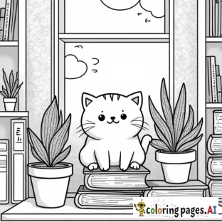 A cozy, homey scene with a sweet playful cartoon cat perched among potted plants on a bookshelf. The scene includes books with decorative covers, plants with textured leaves, and a window view of a sunny day.  all in clear lines for a fun, coloring experience. black and white, line art, white background. plain white background. The outlines of all the subjects are bold black and easy to distinguish, making it simple for kids to color without too much difficulty.