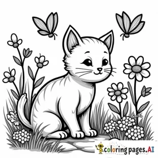 A curious cat sniffing flowers in a butterfly garden, with butterflies fluttering around. The background includes flowers of different shapes, small rocks, and bushes, with clear outlines ideal for intricate coloring. black and white, line art, white background. plain white background. The outlines of all the subjects are bold black and easy to distinguish, making it simple for kids to color without too much difficulty.