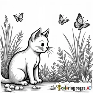 A curious cat sniffing flowers in a colorful butterfly garden, with butterflies fluttering around. The background includes flowers of different shapes, small rocks, and bushes, with clear outlines ideal for intricate coloring. black and white, line art, white background. plain white background. The outlines of all the subjects are bold black and easy to distinguish, making it simple for kids to color without too much difficulty.