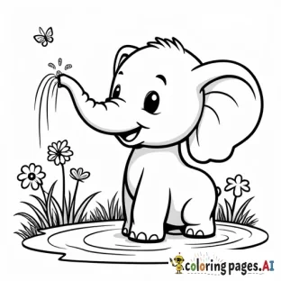 A cute cartoon-style baby elephant spraying water with its trunk, standing in a small pond, surrounded by butterflies and flowers. Black and white line art, coloring book style, no shading, no background, clean outlines.