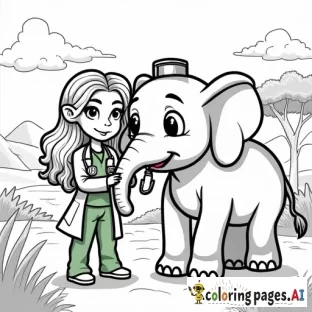 A cute cartoon-style illustration of a young female doctor with long, curly blond hair and big, kind eyes, wearing a white doctor's coat over green scrubs. She is wearing a doctor’s head light.  She is using an otoscope to gently check the trunk of an elephant who has a big, stuffy, red nose. The elephant has big expressive eyes. They are outdoors in an African savanna landscape, with green bushes, acacia trees, and distant mountains under a bright blue sky with a few fluffy clouds. The setting is peaceful and friendly, with soft, vibrant colors.
