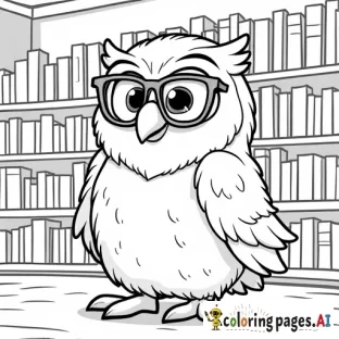 A cute cartoony bookstore with an old wise owl shopkeeper with glasses