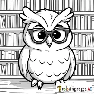 A cute cartoony library with an old wise owl with glasses