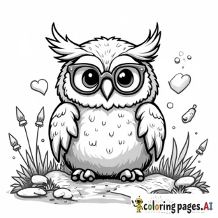 A cute cartoony library with an old wise owl with glasses on in a fantasy land