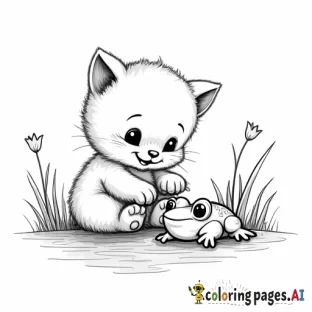 a cute fluffy kitten playing with a frog