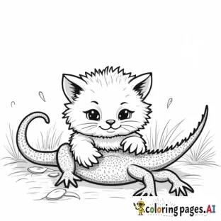 a cute fluffy kitten playing with a lizard