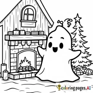 a cute halloween ghost decorating a cozy house for christmas with a christmas tree and a fireplace