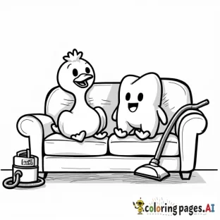 A duck and a smiling wisdom tooth sit on a couch, eating chocolate. Next to them, there is a vacuum cleaner. They are all watching a cat on television.