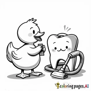 A duck eating DAIM chocolate. A smiling wisdom tooth is using a vacuum cleaner. They are both watching a cute cat video.