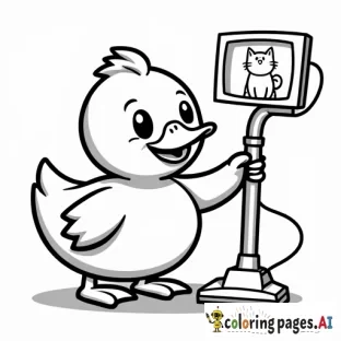 A duck eating DAIM chocolate. A smiling wisdom tooth is using a vacuum cleaner.  There is a TV screen with a cute cat video.