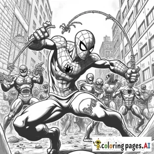 A dynamic black and white coloring page of Spider-Man in an intense battle with multiple villains. Spider-Man is in his classic fighting stance, surrounded by enemies, each with distinct features like masks, armor, and menacing expressions. Webs are slinging in various directions as Spider-Man dodges attacks and strikes back. The scene has a detailed urban background with broken walls, debris, and city lights, creating a high-stakes action setting. Clear outlines make it ideal for a coloring page.