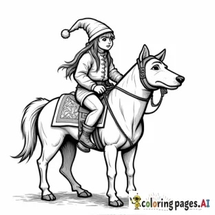 a elf riding a german shaperd and the dog has a hat on