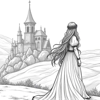 a fair maiden looking for her knight with a castle behind her - Free Printable Coloring Page