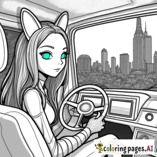 A first person POV of the silhouette of a 19-year-old alien girl with raccoon ears, sitting inside her buggy, in a post-apocalyptic futuristic expanded New York City of 5570, abandoned by humans after the planetary fusion of 4894. Amidst the darkness of the night, she can see the decaying buildings entwined in the hybrid plant life. The girl's hands, wearing fingerless gloves that extend to her forearms, rest on the dashboard. Her glowing cyan eyes are reflected on the windshield.